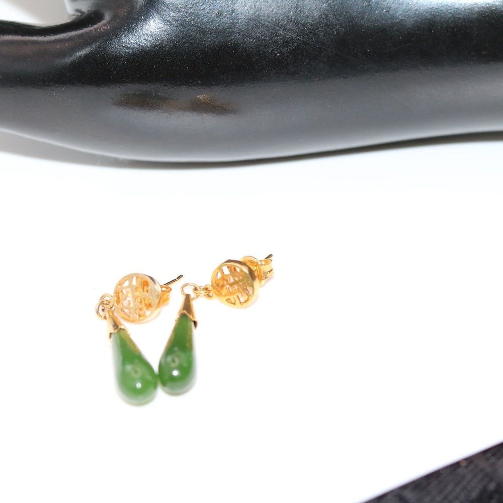 Classic Gold Filled Green Jade  and Gold Drop Earrings